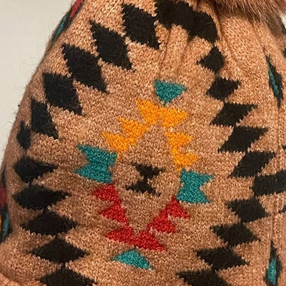 C.C Aztec Print‎ Beanie With Faux Fur Pom Womens Rayon/Nylon Blend Multicolor - Picture 9 of 14